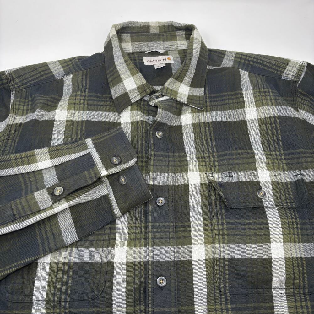 Carhartt Large Green White Plaid Button Up Long Sleeve Thick Flannel Shirt